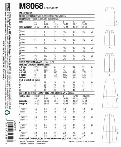 McCall's Pattern M8068 Y (XSM-SML-MED)
