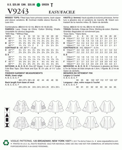 Voguepattern V9243 Misses' Princess Seam Tops with Flared Sleeve Variations