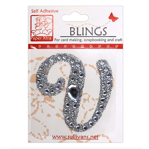 Stick On Bling Letter, Cursive V- 55mm