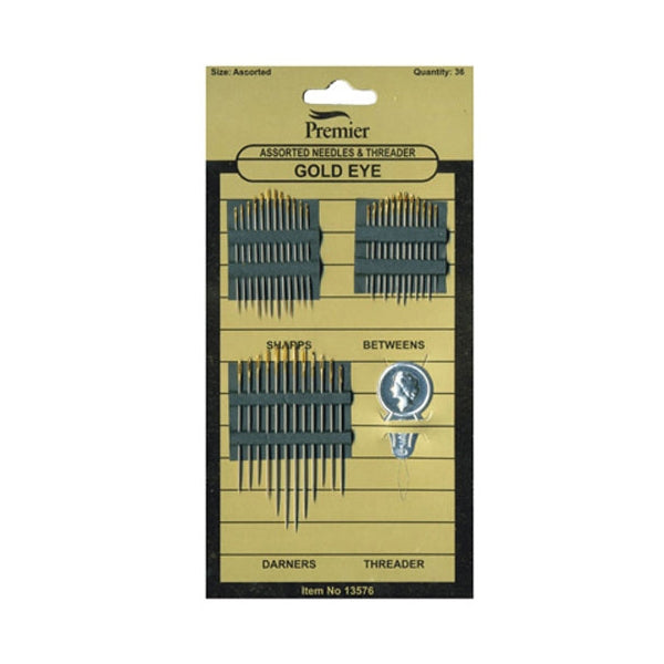 Sullivans Hand Sewing Needles & Threader, Assorted Gold Eye- 36pcs