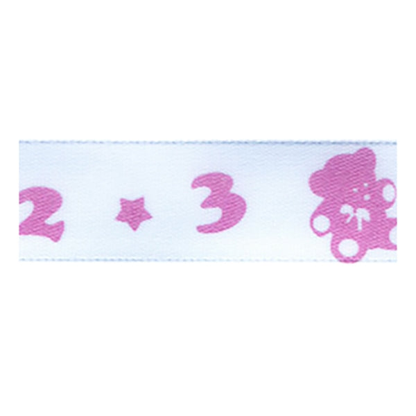 Sullivans Satin Ribbon, ABC Bear White Pink- 15mm