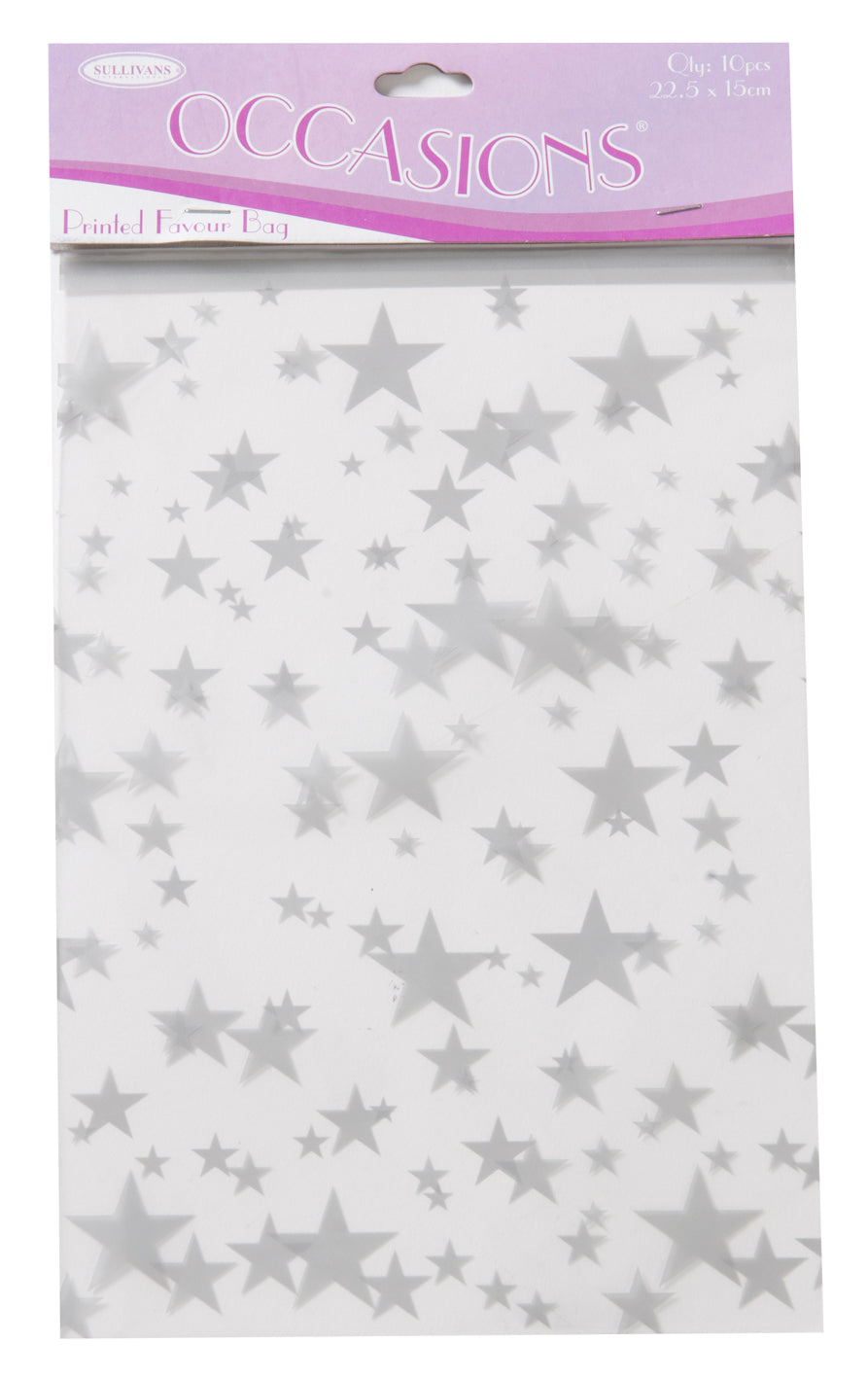 Sullivans Printed Favour Bag, Silver Stars- 10pc