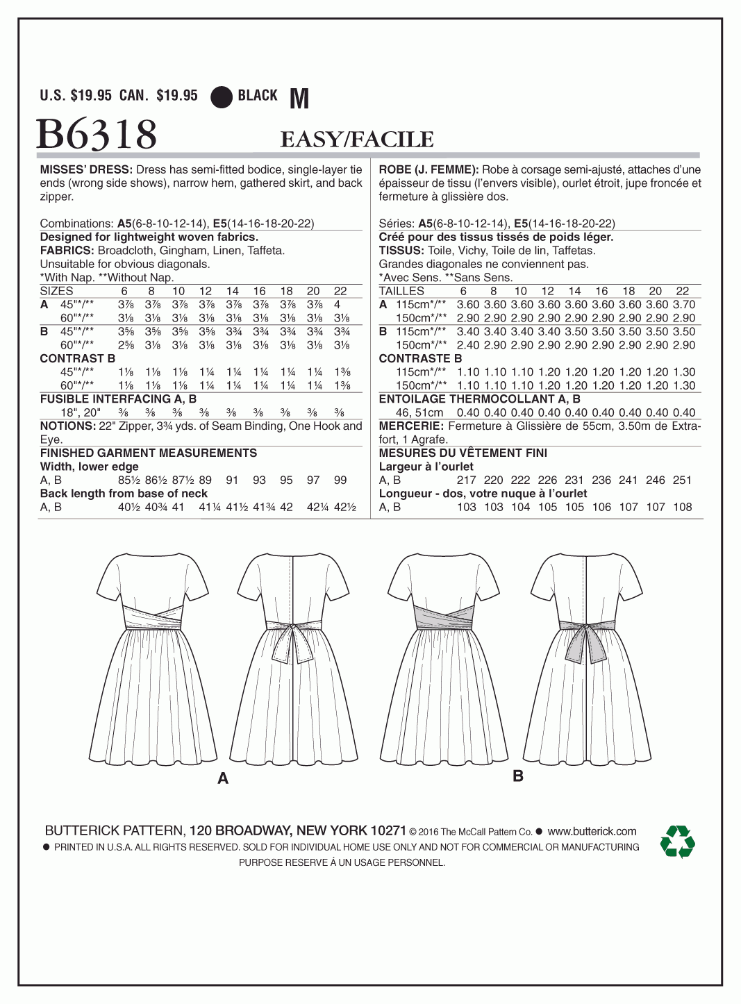 Butterick Pattern B6318 Misses' Tie-Waist Dress