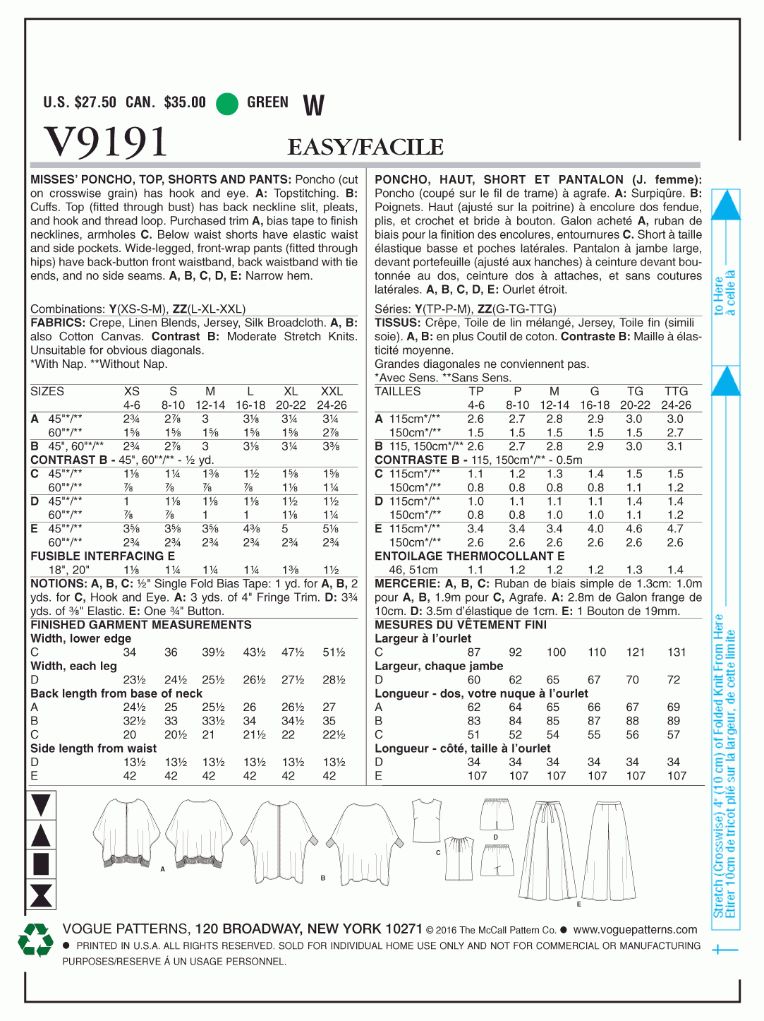 Vogue Pattern V9191 Y (XSM-SML-MED)