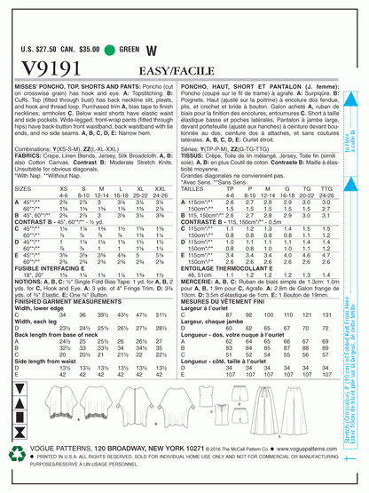 Vogue Pattern V9191 Y (XSM-SML-MED)