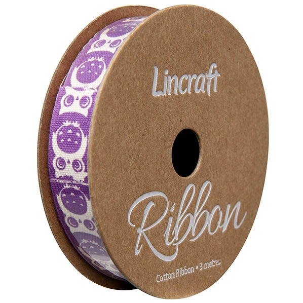 Cotton Ribbon, Owl Purple- 15mm x 3m