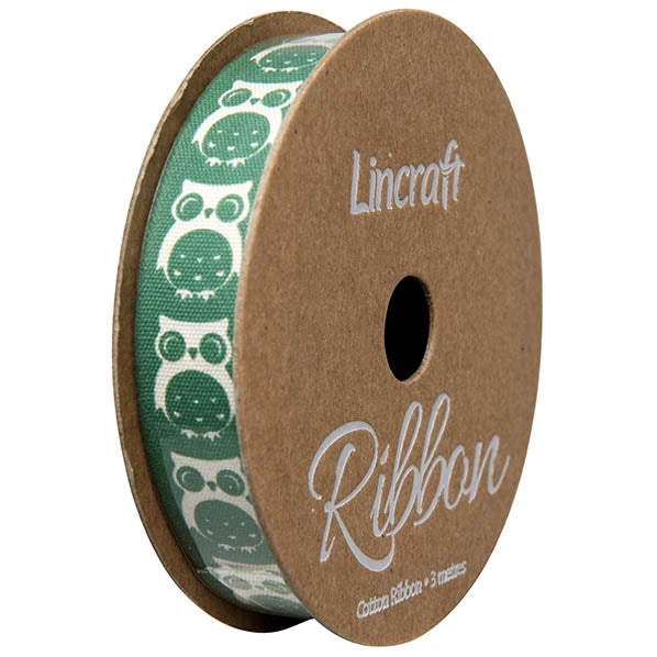 Cotton Ribbon, Owl Teal- 15mm x 3m