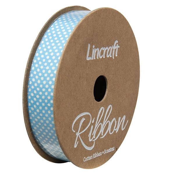 Cotton Ribbon, Dots Blue- 15mm x 3m