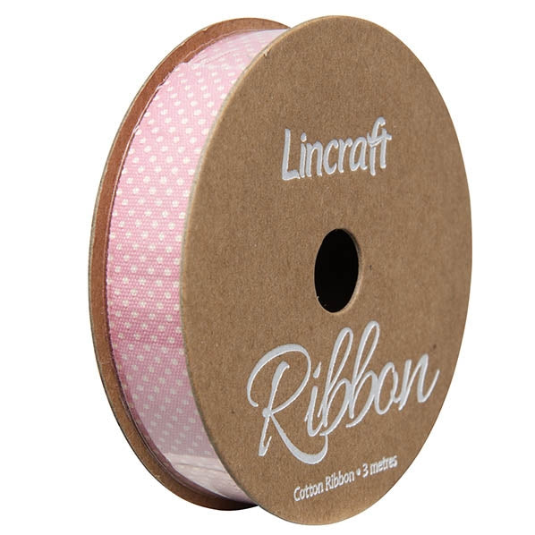 Cotton Ribbon, Dots Pink- 15mm x 3m