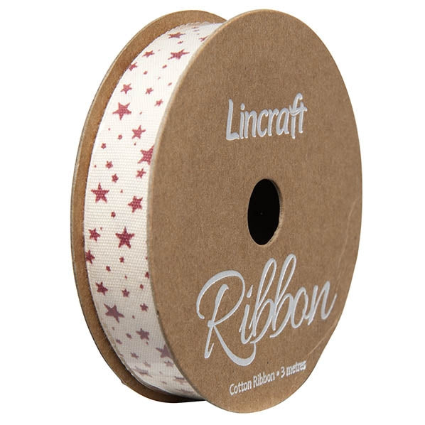 Cotton Ribbon, Blood Pink Stars- 15mm x 3m