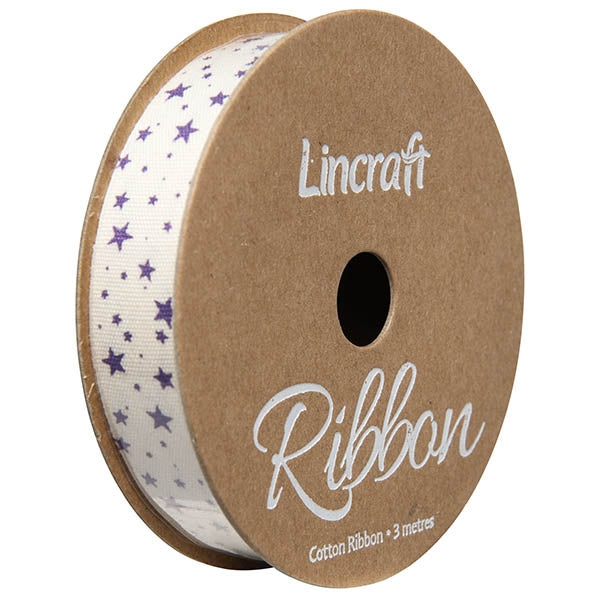 Cotton Ribbon, Dark Purple Stars- 15mm x 3m