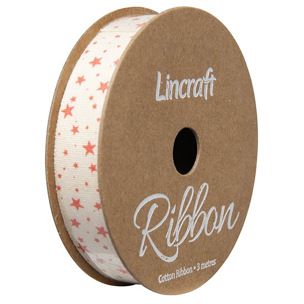 Cotton Ribbon, Fluoro Pink Stars- 15mm x 3m