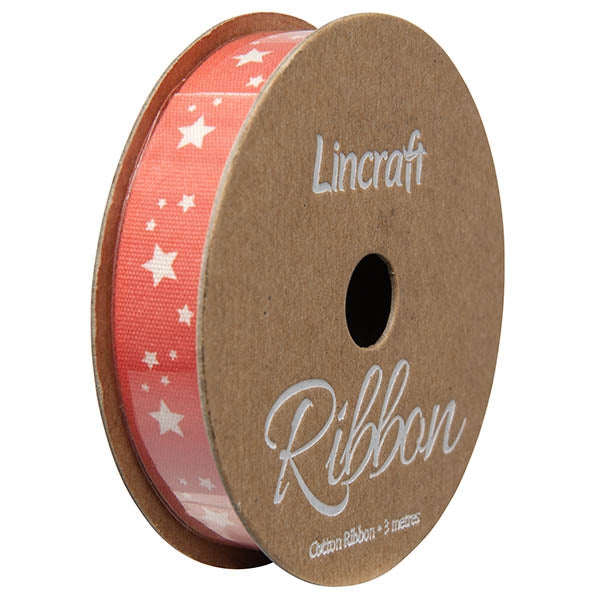 Cotton Ribbon, Stars Fluoro Pink- 15mm x 3m