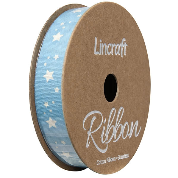 Cotton Ribbon, Stars Baby Blue- 15mm x 3m