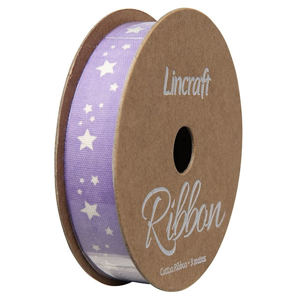 Cotton Ribbon, Stars Baby Purple- 15mm x 3m