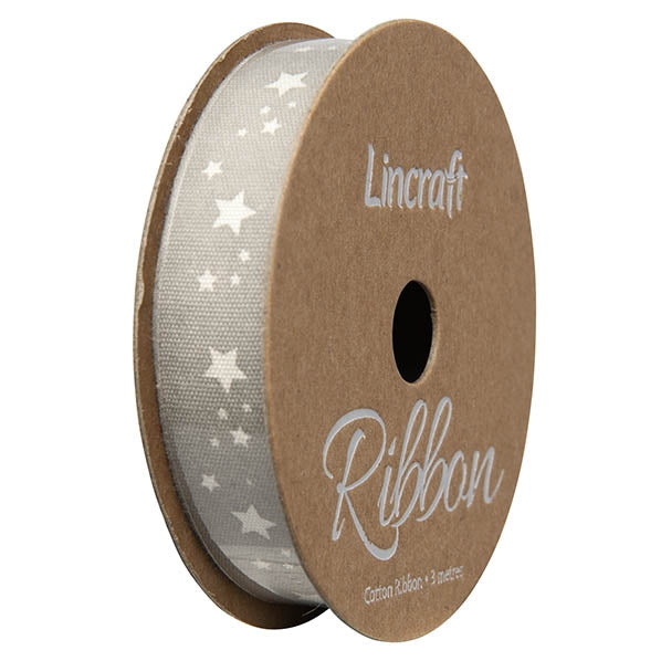 Cotton Ribbon, Stars Grey- 15mm x 3m