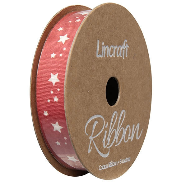 Cotton Ribbon, Stars Blood Red- 15mm x 3m