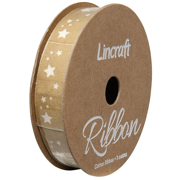 Cotton Ribbon, Stars Gold- 15mm x 3m