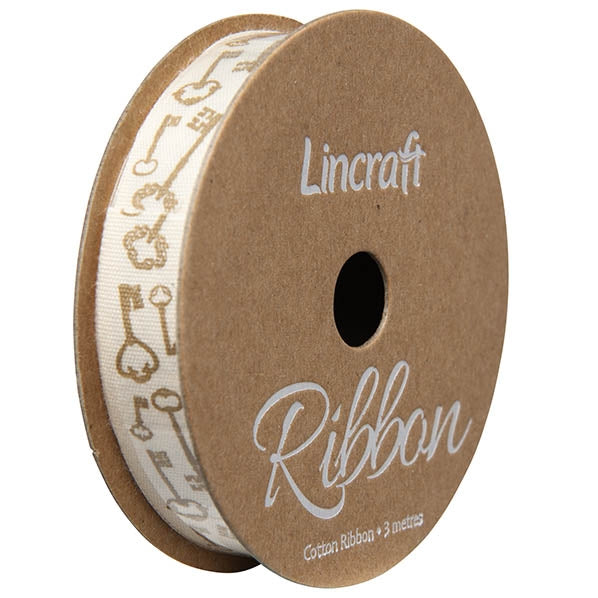 Cotton Ribbon, Keys Gold- 15mm x 3m