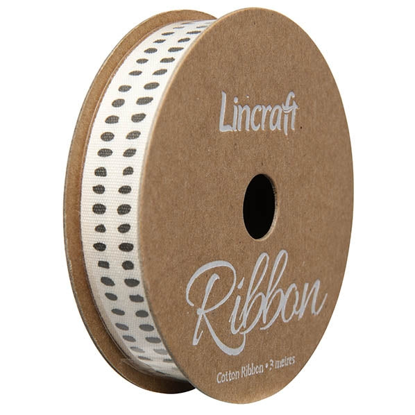 Cotton Ribbon, Spots Black- 15mm x 3m