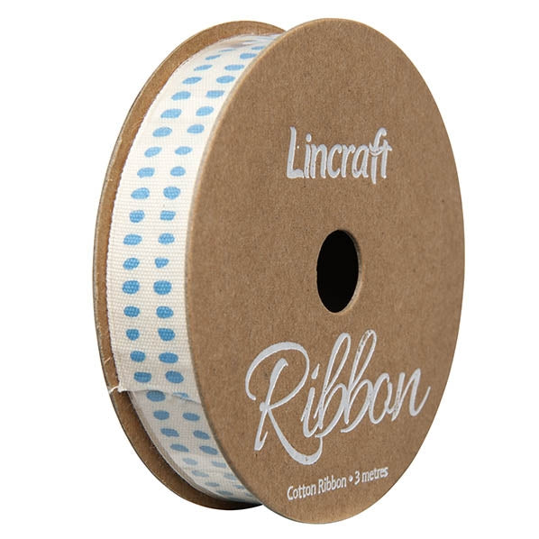 Cotton Ribbon, Spots Sky- 15mm x 3m