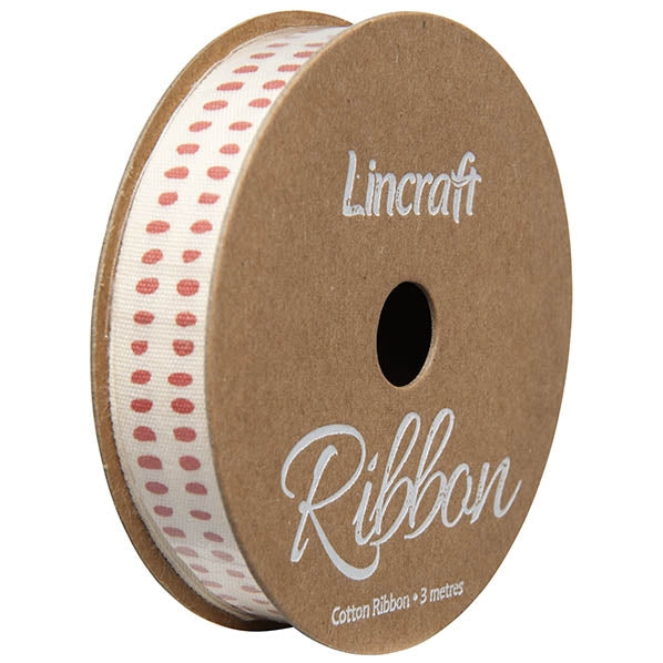 Cotton Ribbon, Spots Red- 15mm x 3m