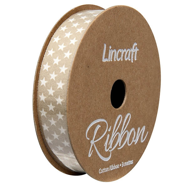 Cotton Ribbon, Stars Latte- 15mm x 3m