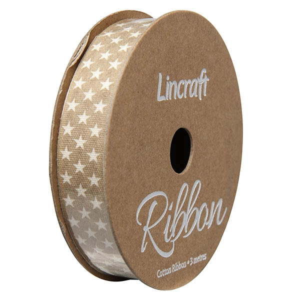 Cotton Ribbon, Stars Champagne- 15mm x 3m