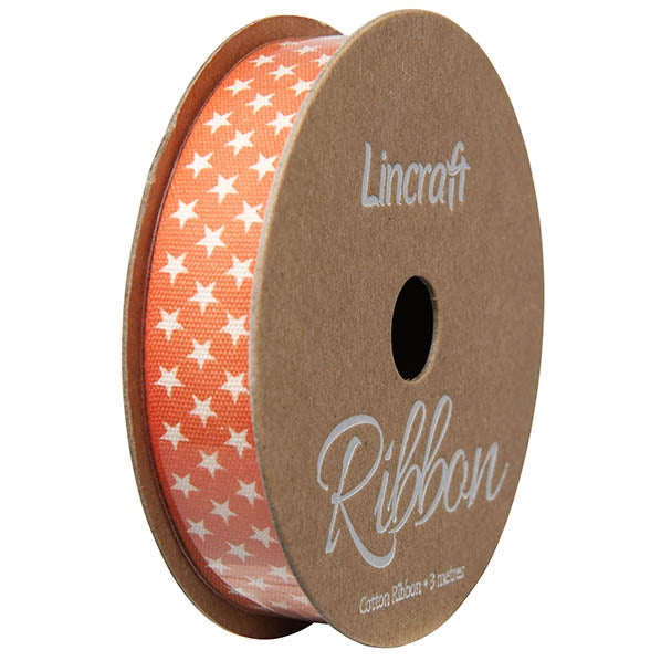 Cotton Ribbon, Stars Burnt Orange- 15mm x 3m