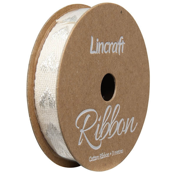 Cotton Ribbon, Heart Silver- 15mm x 3m