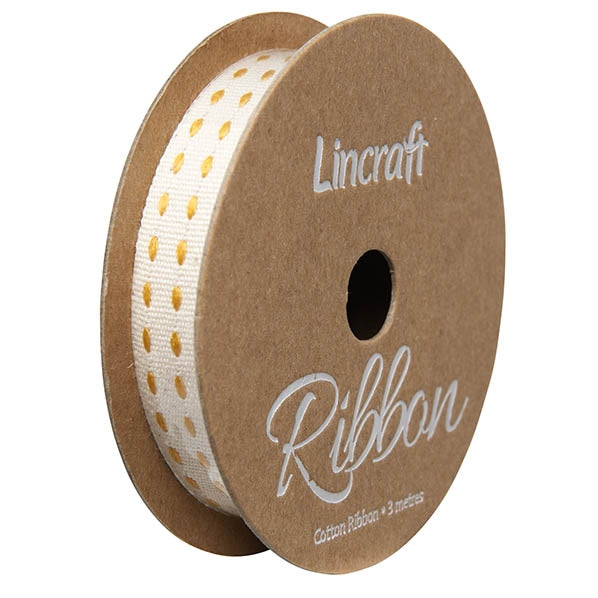 Cotton Ribbon, Stitches Gold- 15mm x 3m