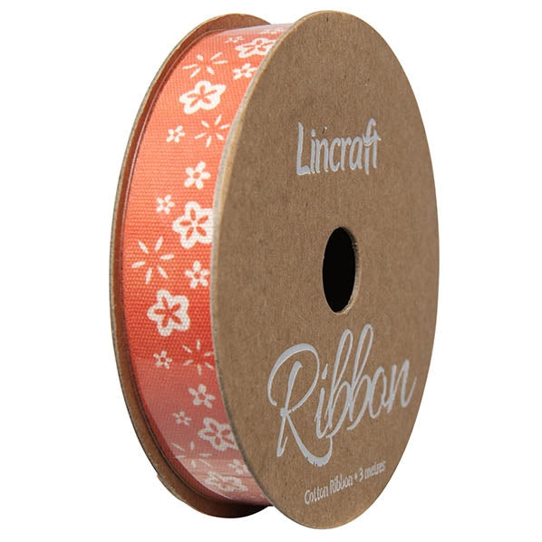 Cotton Ribbon, Flower Burnt Orange- 15mm x 3m