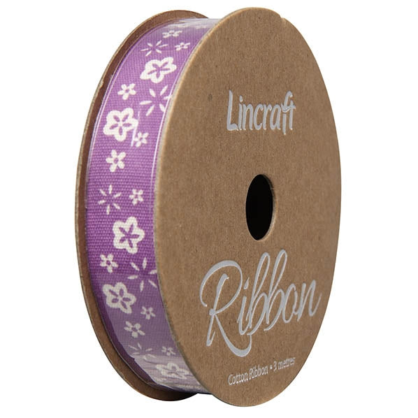 Cotton Ribbon, Flower Purple- 15mm x 3m