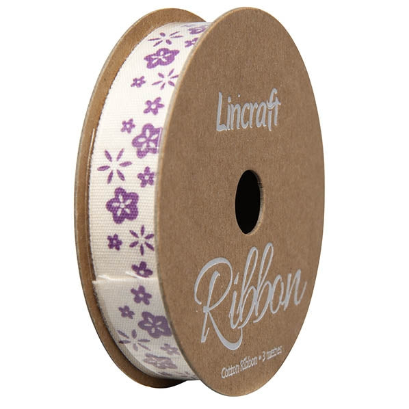 Cotton Ribbon, Purple Flowers- 15mm x 3m