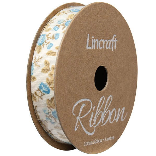 Cotton Ribbon, Flower Blue- 15mm x 3m