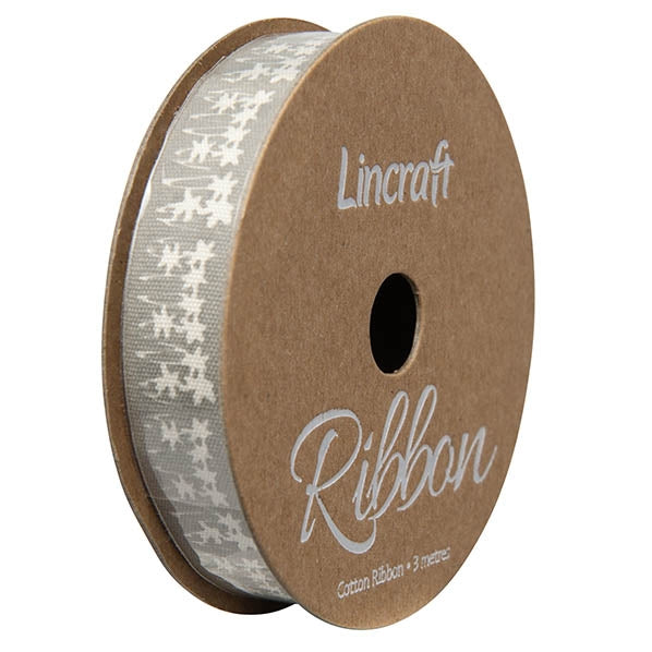 Cotton Ribbon, Flower Silver- 15mm x 3m