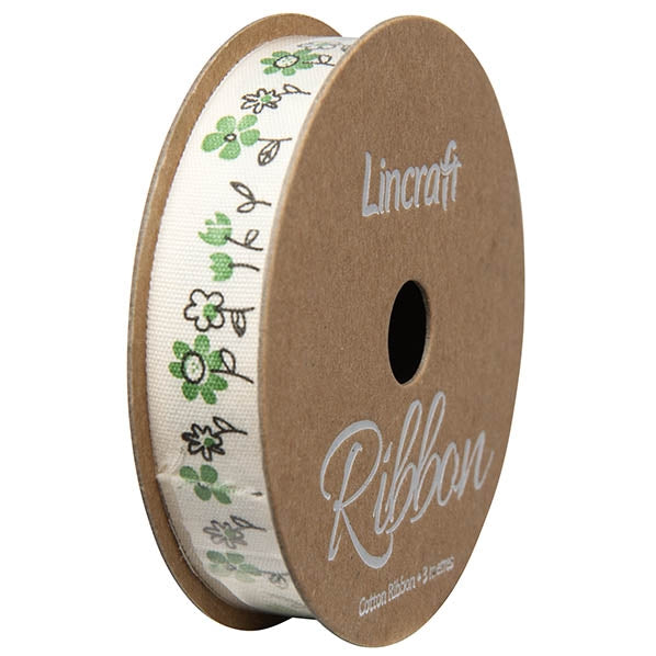 Cotton Ribbon, Flower Emerald- 15mm x 3m