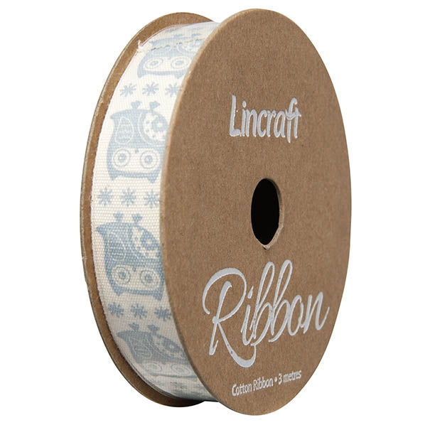 Cotton Ribbon, Blue Owl- 15mm x 3m