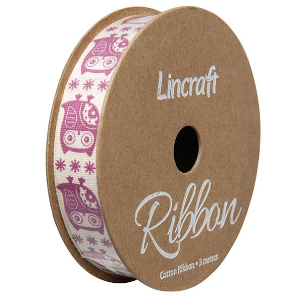 Cotton Ribbon, Fuchsia Owl- 15mm x 3m