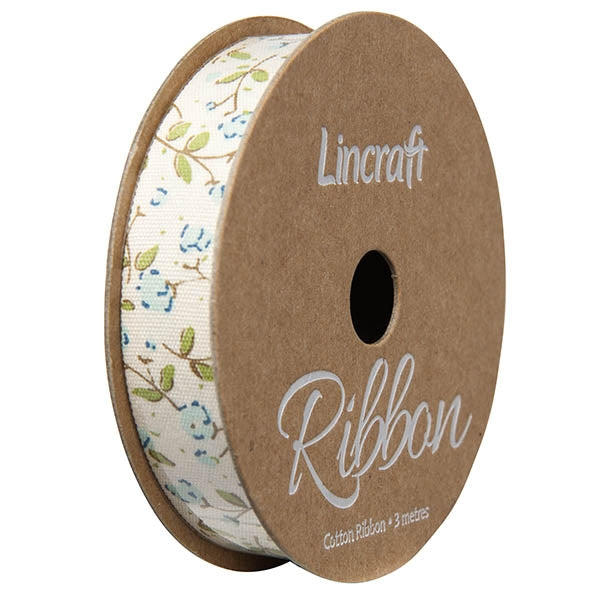 Cotton Ribbon, Stem Flower Blue- 15mm x 3m