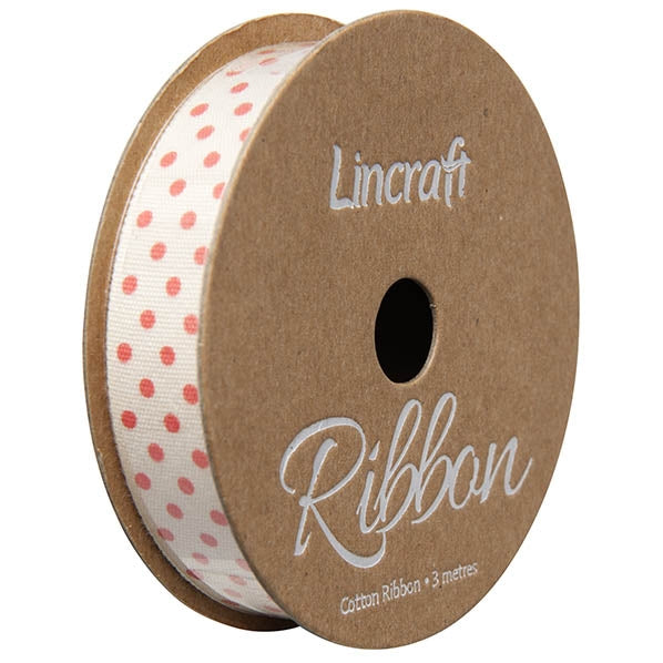 Cotton Ribbon, Dots Fluoro Pink- 15mm x 3m