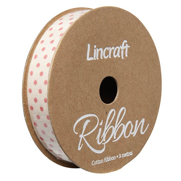 Cotton Ribbon, Dots Dusty Pink- 15mm x 3m