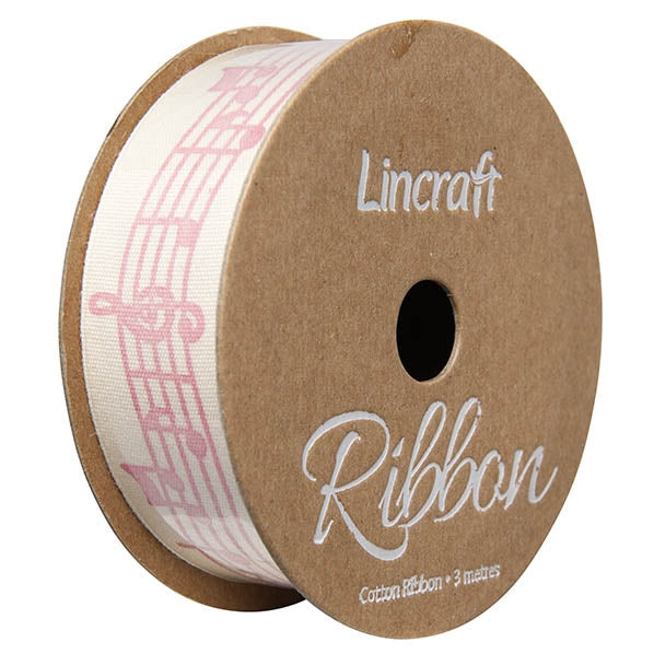 Cotton Ribbon, Notes Light Pink- 25mm x 3m