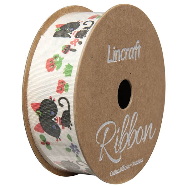 Cotton Ribbon, Cats Natural- 25mm x 3m