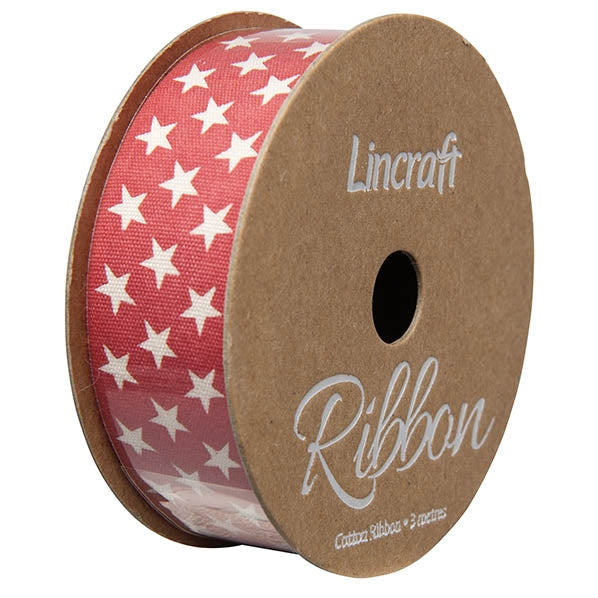 Cotton Ribbon, Stars Crimson- 25mm x 3m