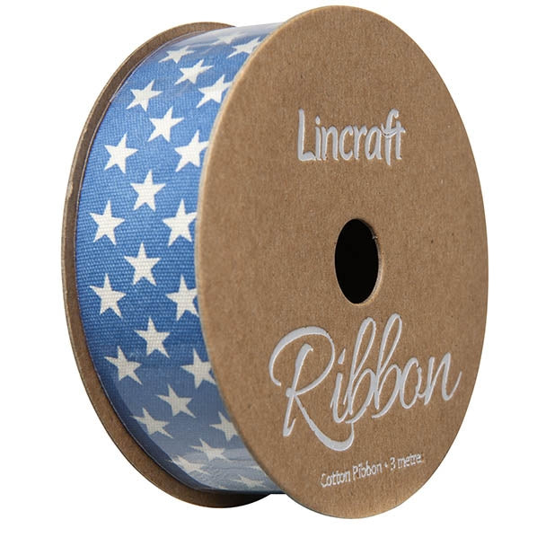 Cotton Ribbon, Stars Blue Bottle- 25mm x 3m