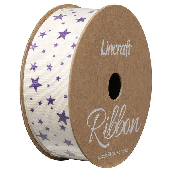 Cotton Ribbon, Dark Purple Stars- 25mm x 3m