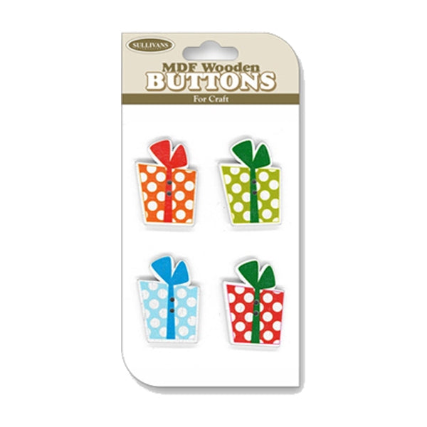 Sullivans MDF Wooden Button, Presents- 4pc