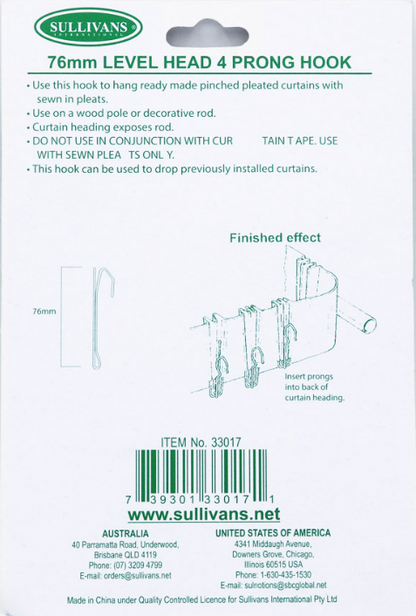 Sullivans 4 Prong Hook, 76mm Level Heading- 10pk