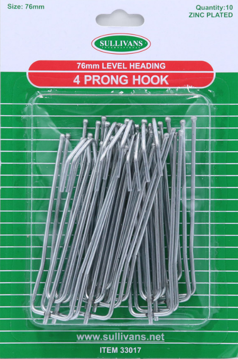 Sullivans 4 Prong Hook, 76mm Level Heading- 10pk